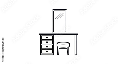 Minimalist Line Art Illustration of a Wooden Dressing Table with Mirror and Stool.