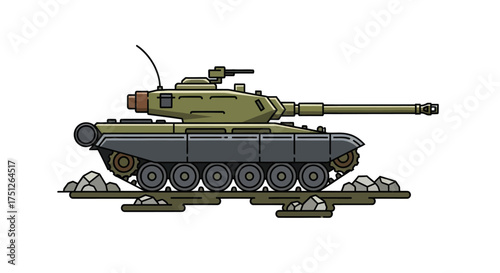 Green Military Tank with Long Gun and Antenna.