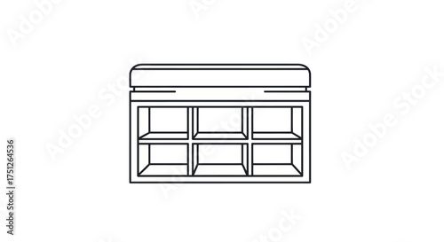 Line Art Shoe Storage Bench with Padded Top and Six Compartments.