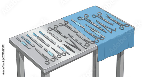 An illustrated stainless steel surgical tray with various medical instruments like scalpels forceps and scissors laid out for a procedure.