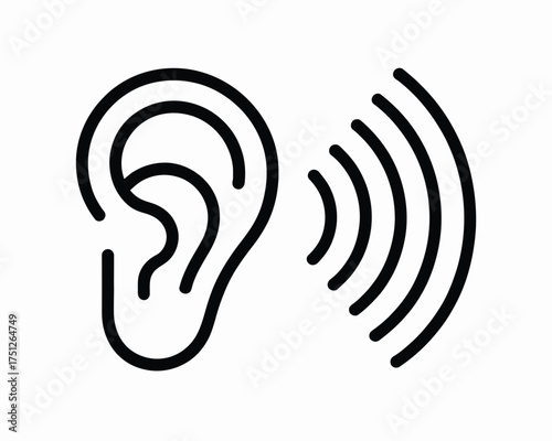 Artistic black and white vector illustration of an ear and sound waves scalable graphic silhouette