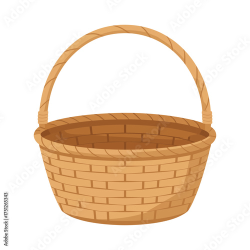 Empty woven wicker basket with handle isolated on white background