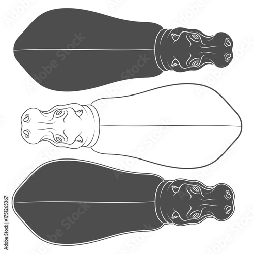 Set of black and white illustrations with hippopotamus. Isolated vector objects on white background.