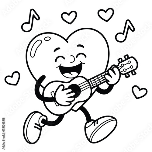 Joyful heart character playing guitar with musical notes inspiring love songs fun and happiness for all occasions illustration