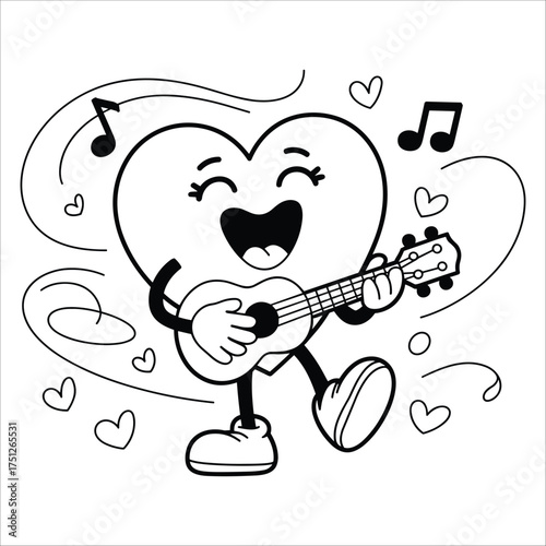Cheerful cartoon heart character playing guitar singing musical notes dancing fun love celebration joyful ambiance graphic illustration