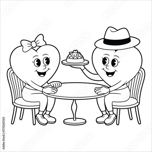 Charming heart couple enjoying a romantic dessert date at a table with chairs outline drawing illustration