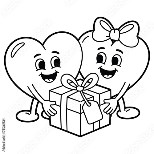 Cute cartoon heart couple sharing a gift box with bow heartwarming valentine's day celebration art design illustration