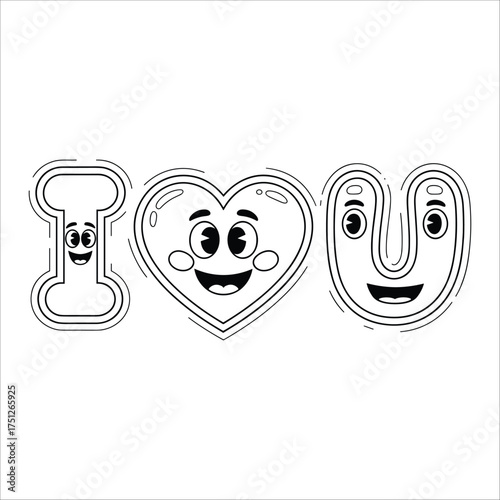 Charming cartoon letters "i" "love" "you" with happy faces for declarative valentine's day and relationship graphics illustration