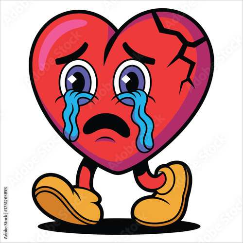 Sad broken heart character crying tears expressing heartbreak emotional pain symbol artwork illustration