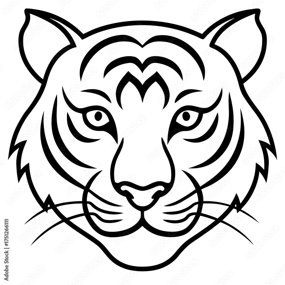 Obraz premium A black and white illustration of a tiger face isolated on white background