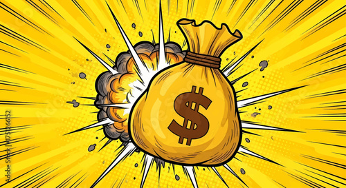 A cartoon money explosion in pop art comic style for business success, financial growth, and wealthy dollar finance reward