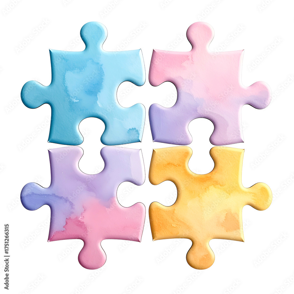 Obraz premium Four interlocking jigsaw puzzle pieces in watercolor hues on a black background