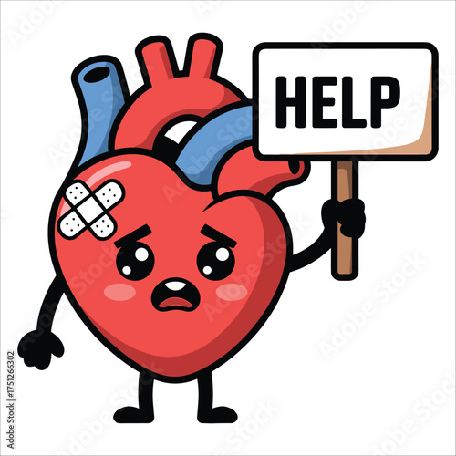Sad injured heart character holding help sign expressing pain heartbreak and need for medical attention illustration