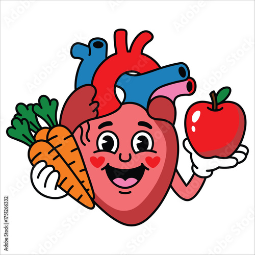 Healthy heart character with apple and carrots symbolizing good nutrition and cardiovascular wellness fun illustration