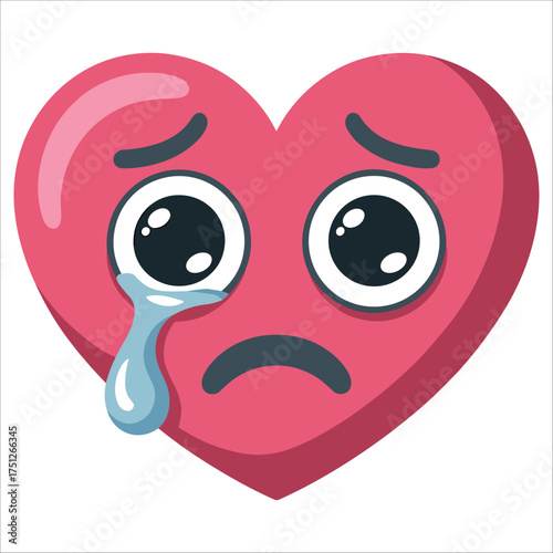Sad red heart emoji character crying with big eyes expressing unhappiness and emotional distress illustration