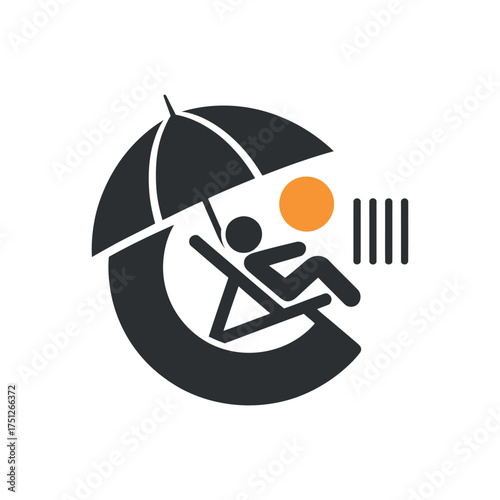 Relaxation icon with person lounging in chair under umbrella in simple flat black design.