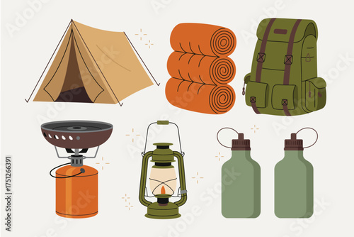 Adventure camping gear flat illustration vector pack for outdoor enthusiasts silhouette