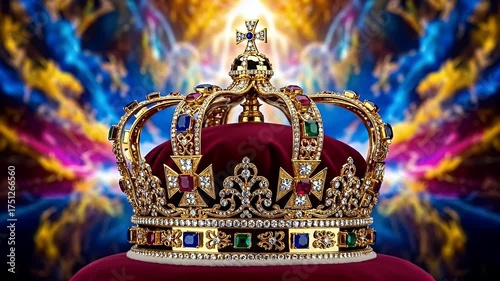 Ornate Gold Crown Adorned with Jewels Resting on Velvet Display with Vibrant Abstract Background Featuring Golden Light Rays and Swirling Colors Symbolizing Royalty and Power