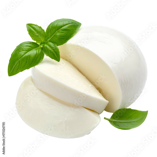 A fresh mozzarella ball with a slice cut out, garnished with basil sprigs on black background