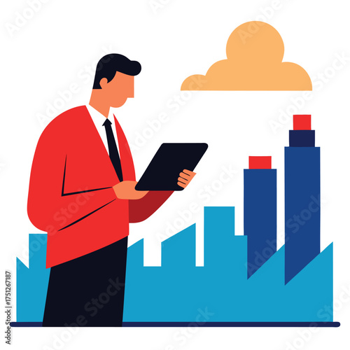 Man reviewing charts on tablet near graph business