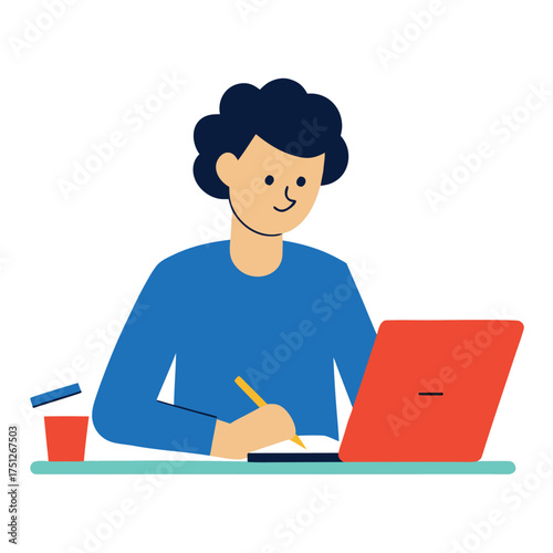 Person studying online with laptop and coffee vector