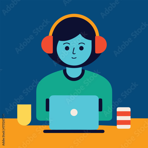 Person wearing headphones using laptop desk