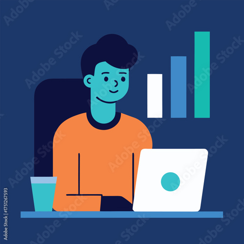 Person working on laptop with bar chart desk analysis