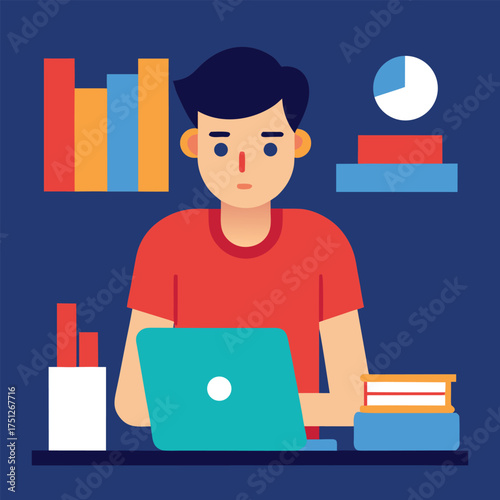 Young person studying with laptop and books student