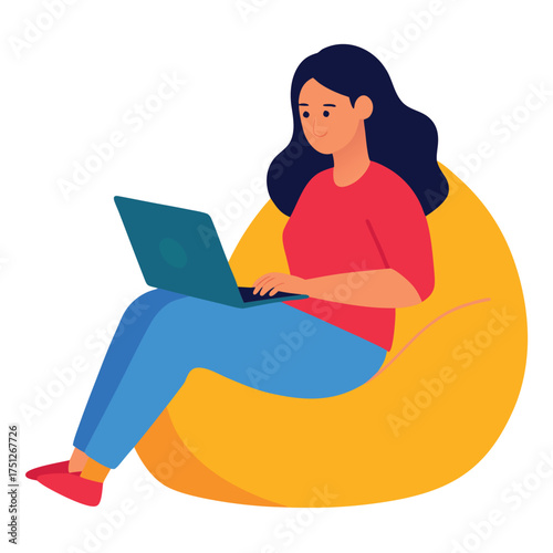 Woman working on laptop on beanbag red shirt blue pants