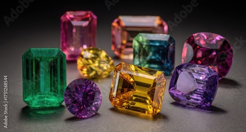 Colorful gemstones scattered on a dark surface