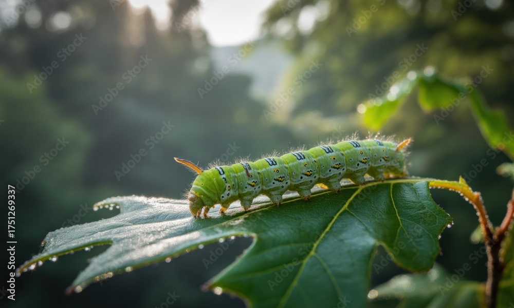 Fototapeta premium A vibrant green caterpillar crawls on a leafy branch with dew in a sunlit forest