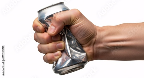 Hand crushing a silver aluminum soda can, symbolizing strength, power, anger, stress, or recycling, isolated on a white background.