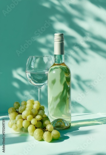 Fresh Green Grapes and White Wine Bottle With Glass Against a Light Blue Back...
