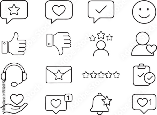 Diverse feedback and review line icons set for user experience design and customer satisfaction analytics collection