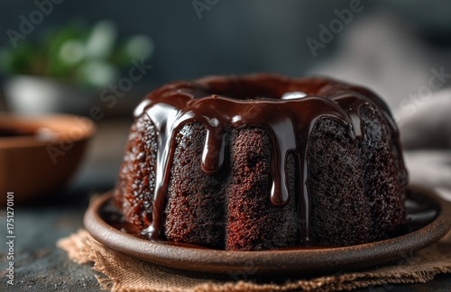 Delicious Chocolate Bundt Cake With Rich Glaze on a Wooden Plate