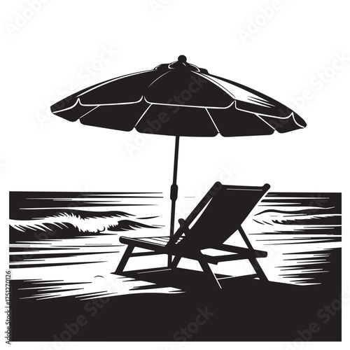 Vector art of silhouette of a beach chair and umbrella on a sandy shore with waves