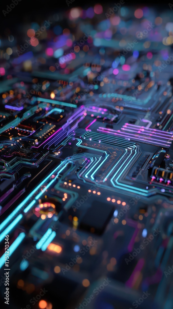 Obraz premium Detailed view of a colorful circuit board with glowing lights in a technology-focused setting