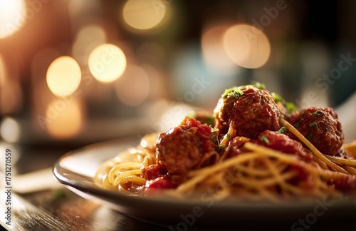 Delicious Spaghetti and Meatballs Served on a Plate in Warm, Inviting Setting...