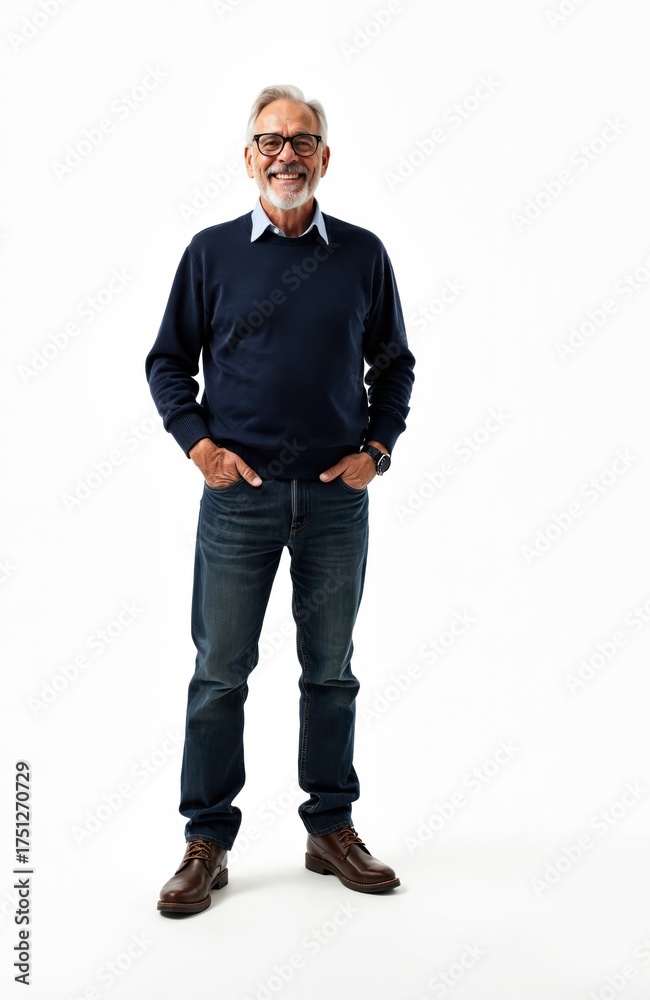 Fototapeta premium Mature Caucasian man with gray hair and beard smiles confidently. He wears glasses, a dark blue sweater, jeans, and brown shoes. Standing with hands in pockets against a white background.