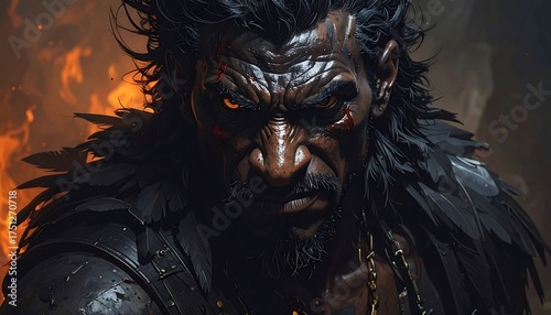 A fierce warrior, dark-skinned and bearded, glares intensely from within flames. Armor, feathers, and scars denote combat. The eye glows with intensity