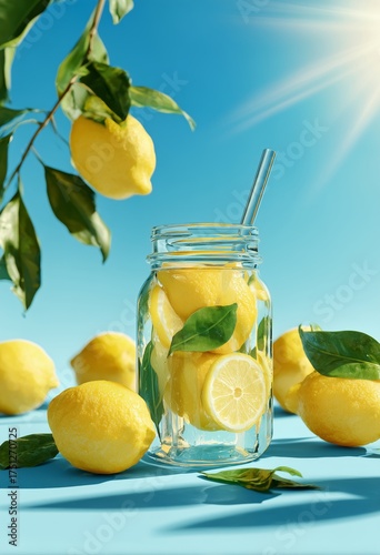 Refreshing Lemon Drink Served in a Mason Jar With Fresh Lemons on a Blue Back...