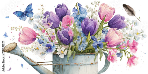 Vintage watering can filled with a beautiful bouquet of colorful spring flowers and butterflies isolated on white background