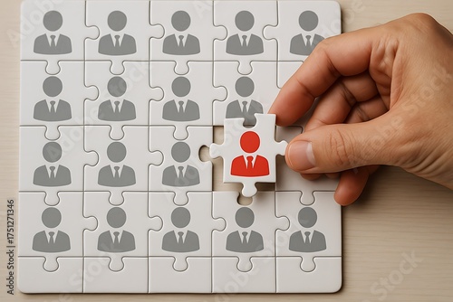 Hand placing red human icon puzzle piece among gray business leader icons representing human resource recruitment selection and leadership career growth management concept