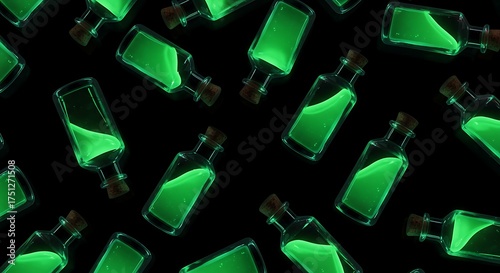 Seamless pattern of glowing green potions in glass bottles against a dark black background design element