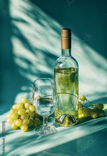 Fresh Green Grapes and White Wine Bottle With Glass Against a Light Blue Back...