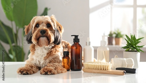 A cute dog rests next to grooming products, showcasing a clean, white, sunny scene. Products include bottles and a brush