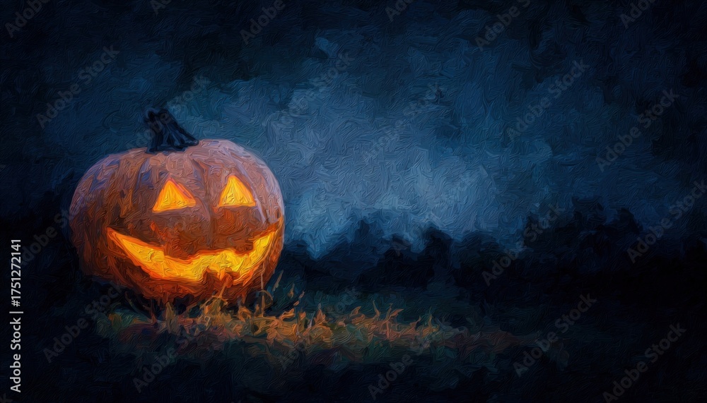 Naklejka premium oil paint of scary halloween Pumpkin in cemetery dark Night, holiday event halloween banner background concept