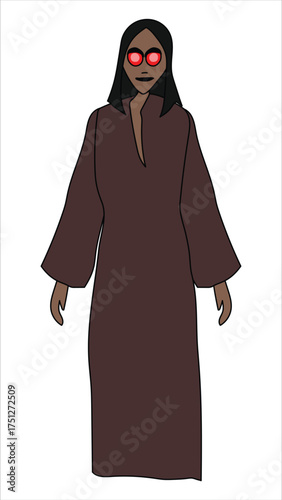 Mysterious Witch Figure in Hooded Brown Robe with Red Eyes Vector