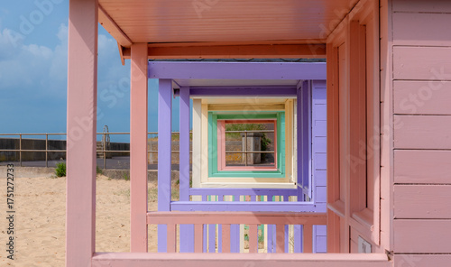 View of  pastel huts in perspective on the seaside of Clacton on Sea