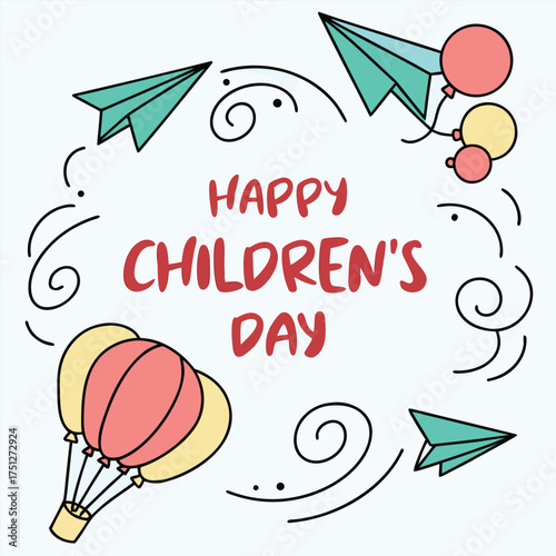 Happy children's day celebration with flying paper airplanes balloons and hot air balloon